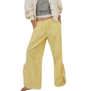 Aerie NWT Off-Duty Poplin Seersucker Trouser PJ Pants Yellow Striped Side Ties M